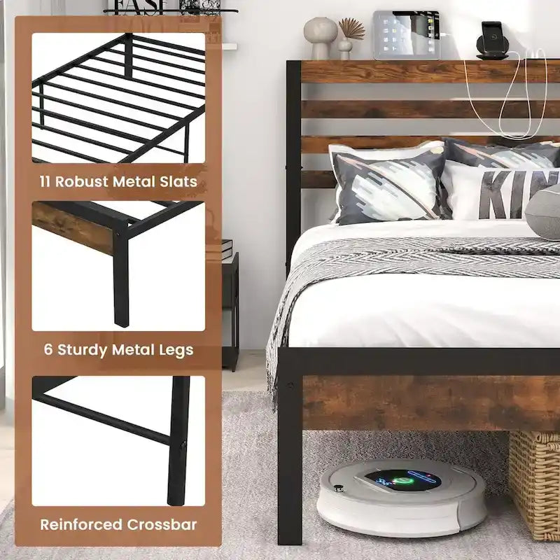 Full Industrial Metal Platform Bed Frame Charging Station