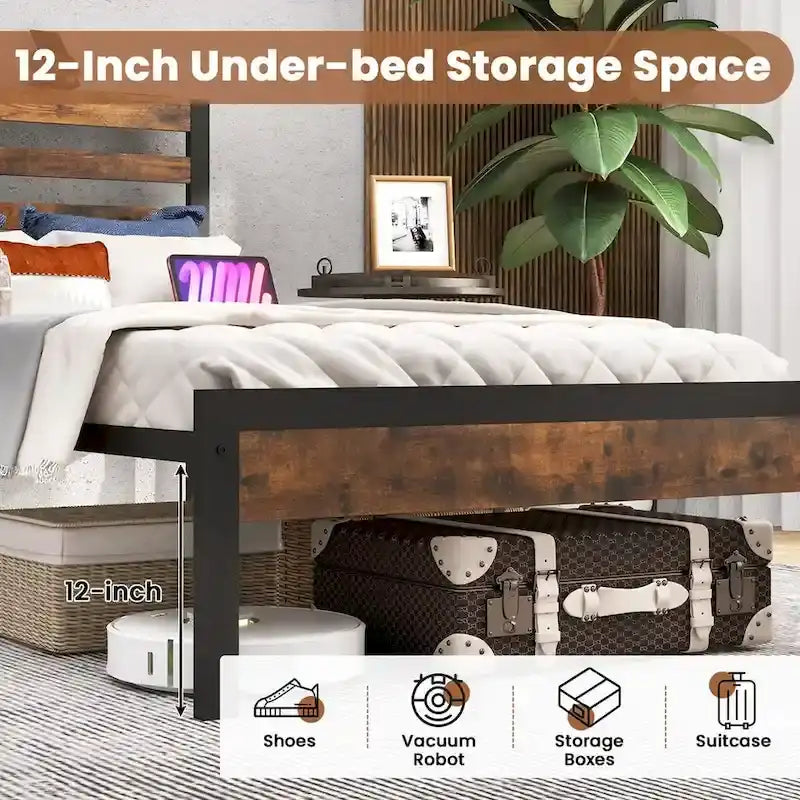 Full Industrial Metal Platform Bed Frame Charging Station