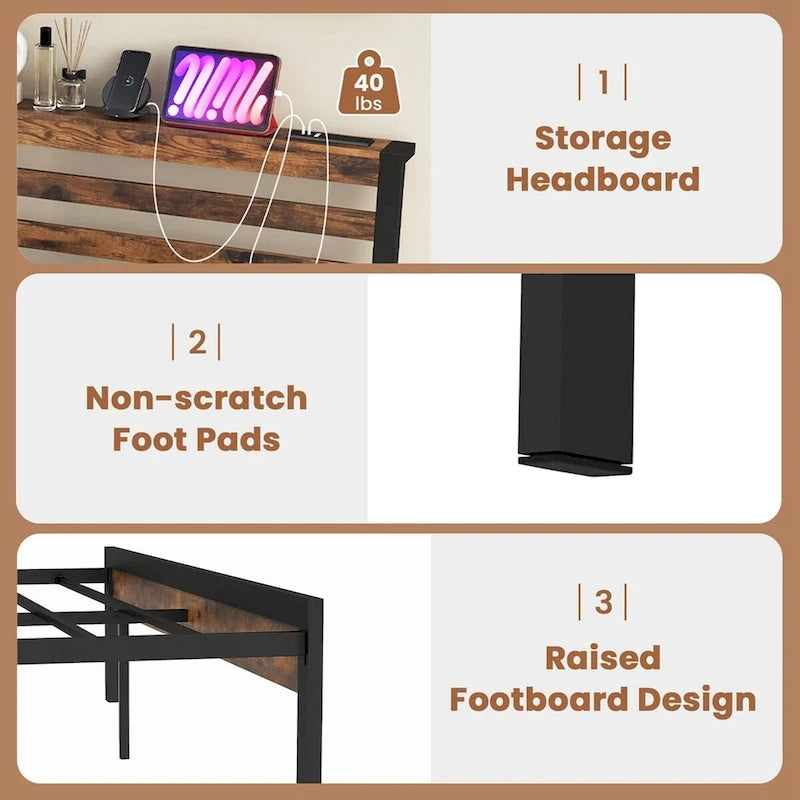 Full Industrial Metal Platform Bed Frame Charging Station