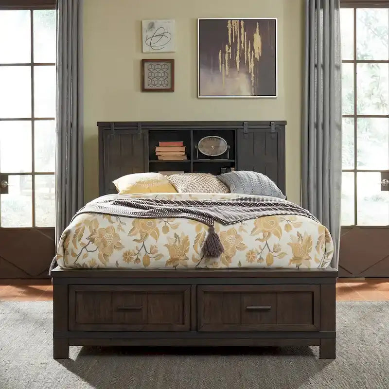 Rock-Beaten Gray Queen Bookcase Bed with Saw-Cut Detail