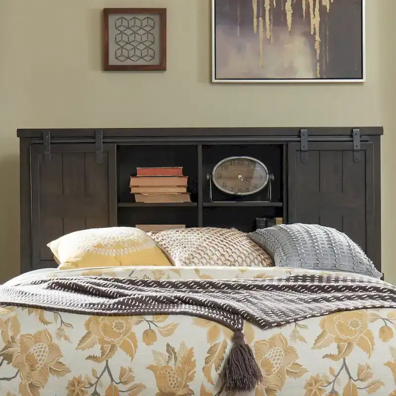Rock-Beaten Gray Queen Bookcase Bed with Saw-Cut Detail