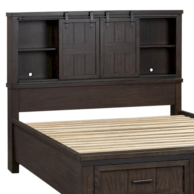Rock-Beaten Gray Queen Bookcase Bed with Saw-Cut Detail