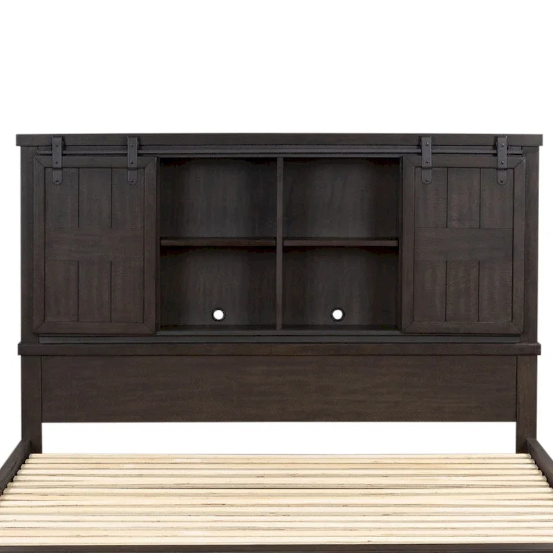 Rock-Beaten Gray Queen Bookcase Bed with Saw-Cut Detail