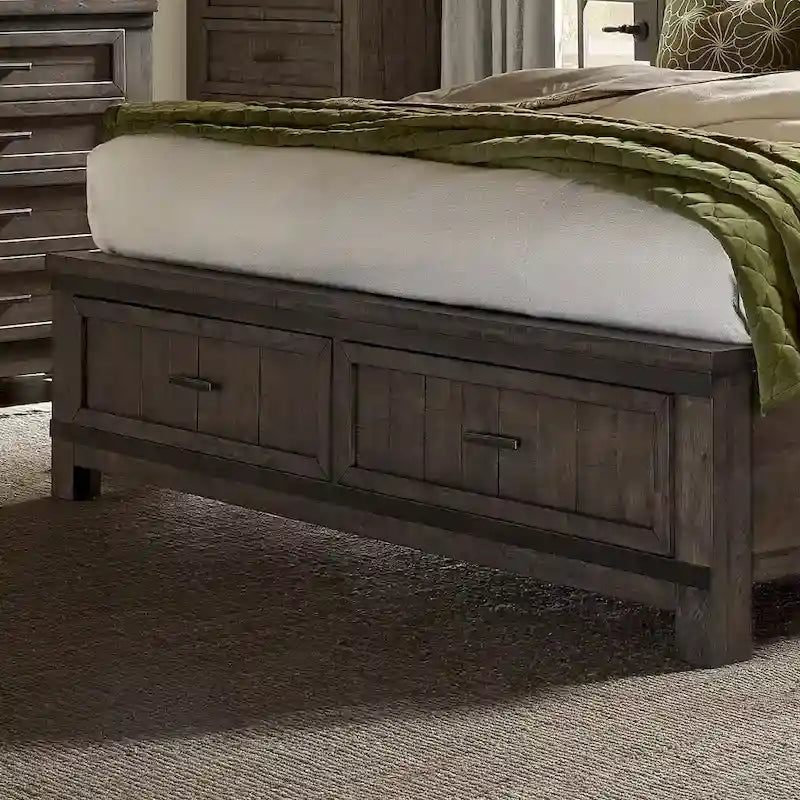 Rock-Beaten Gray Queen Bookcase Bed with Saw-Cut Detail