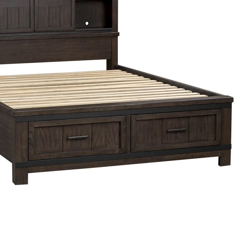 Rock-Beaten Gray Queen Bookcase Bed with Saw-Cut Detail
