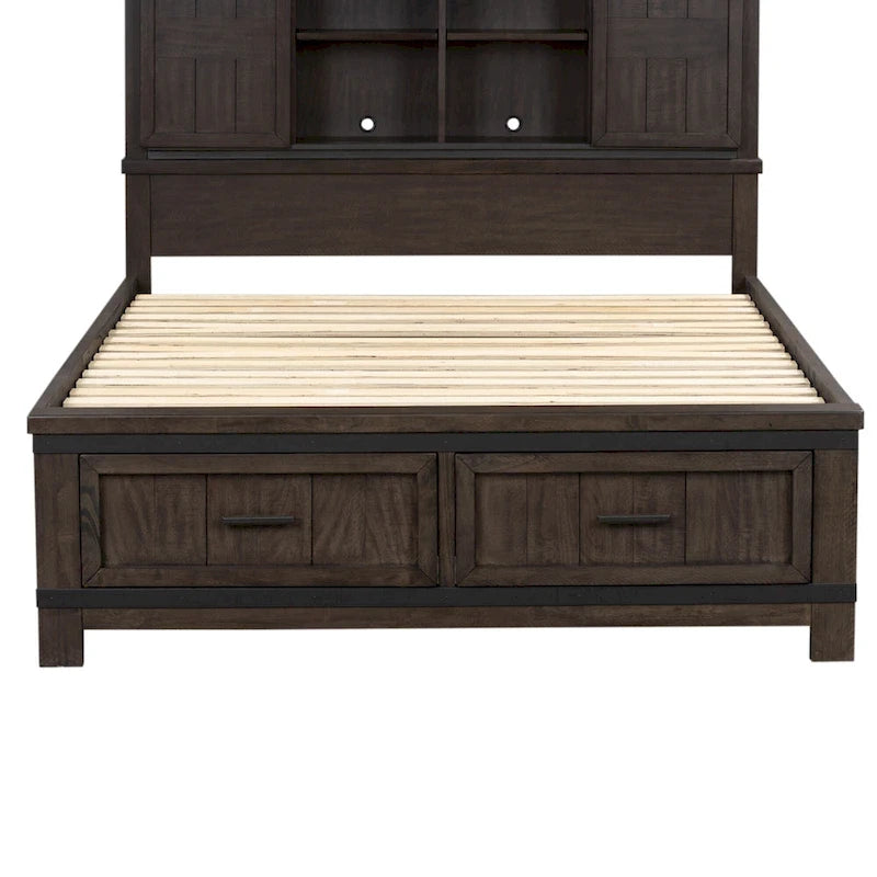 Rock-Beaten Gray Queen Bookcase Bed with Saw-Cut Detail