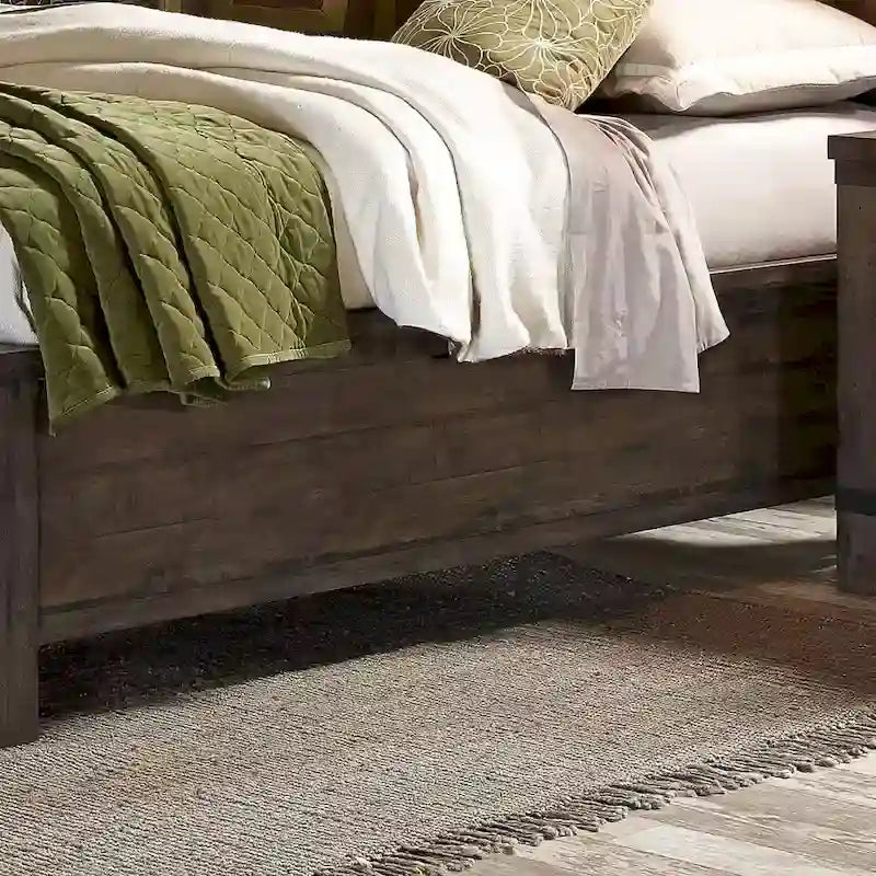Rock-Beaten Gray Queen Bookcase Bed with Saw-Cut Detail