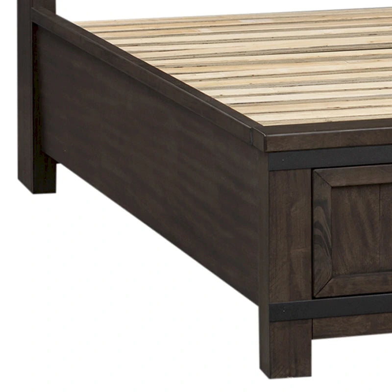 Rock-Beaten Gray Queen Bookcase Bed with Saw-Cut Detail
