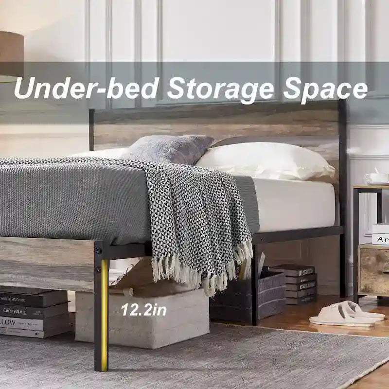 Industrial Metal Bed Frame with Wood Headboard, Twin/full/queen Bed Platform Metal Bedframe No Box Spring Needed, Slate