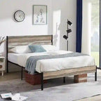 Industrial Metal Bed Frame with Wood Headboard, Twin/full/queen Bed Platform Metal Bedframe No Box Spring Needed, Slate