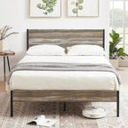 Industrial Metal Bed Frame with Wood Headboard, Twin/full/queen Bed Platform Metal Bedframe No Box Spring Needed, Slate
