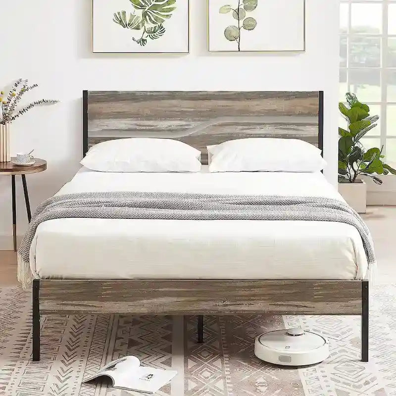 Industrial Metal Bed Frame with Wood Headboard, Twin/full/queen Bed Platform Metal Bedframe No Box Spring Needed, Slate