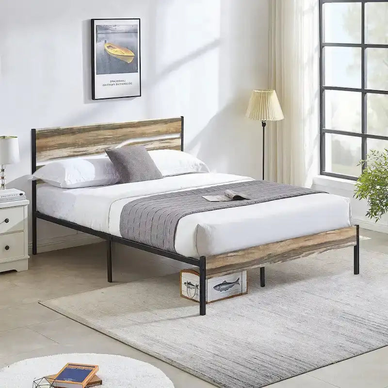 Industrial Metal Bed Frame with Wood Headboard, Twin/full/queen Bed Platform Metal Bedframe No Box Spring Needed, Slate