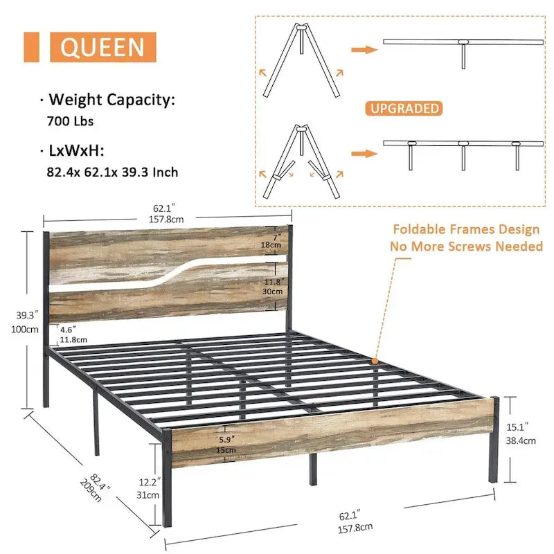 Industrial Metal Bed Frame with Wood Headboard, Twin/full/queen Bed Platform Metal Bedframe No Box Spring Needed, Slate