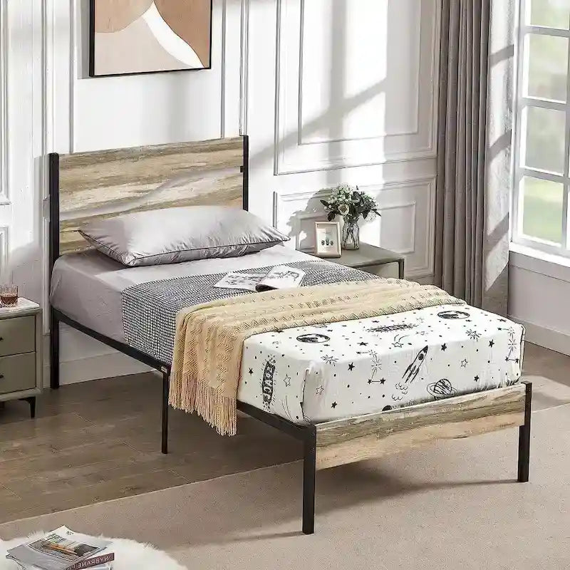 Industrial Metal Bed Frame with Wood Headboard, Twin/full/queen Bed Platform Metal Bedframe No Box Spring Needed, Slate