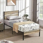 Industrial Metal Bed Frame with Wood Headboard, Twin/full/queen Bed Platform Metal Bedframe No Box Spring Needed, Slate
