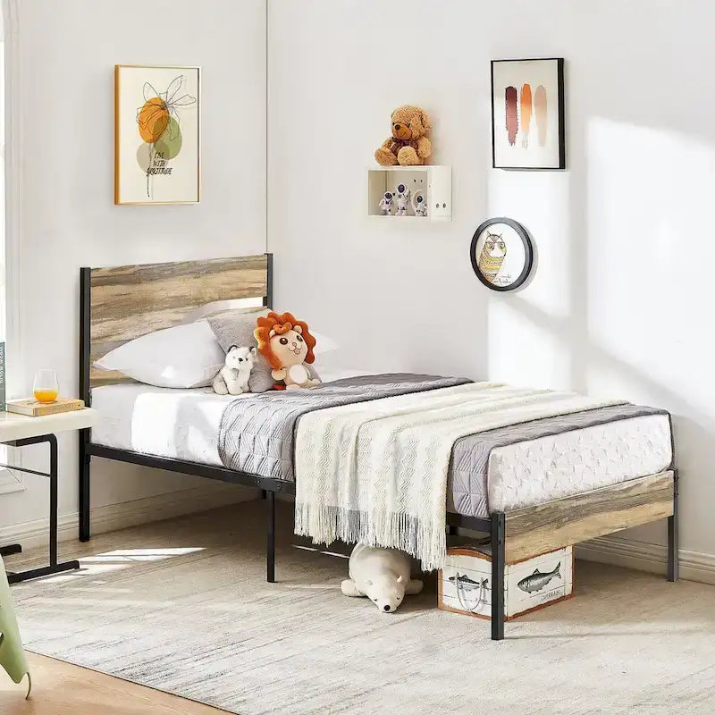 Industrial Metal Bed Frame with Wood Headboard, Twin/full/queen Bed Platform Metal Bedframe No Box Spring Needed, Slate