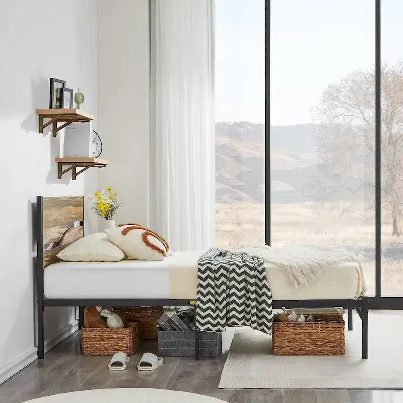 Industrial Metal Bed Frame with Wood Headboard, Twin/full/queen Bed Platform Metal Bedframe No Box Spring Needed, Slate