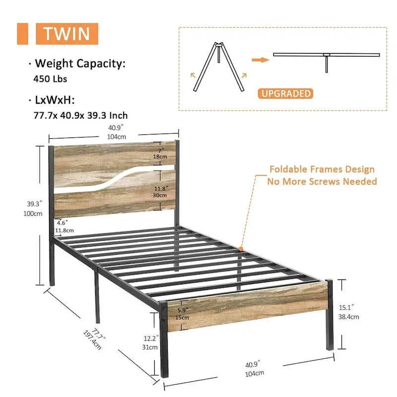 Industrial Metal Bed Frame with Wood Headboard, Twin/full/queen Bed Platform Metal Bedframe No Box Spring Needed, Slate