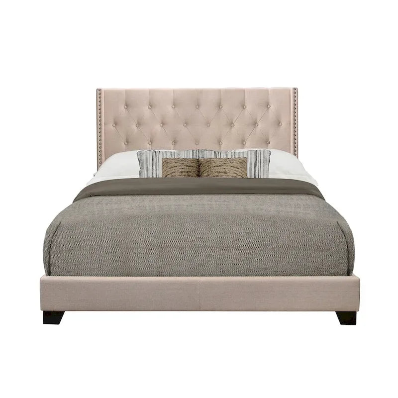 Beige Fabric Upholstered Tufted Bed