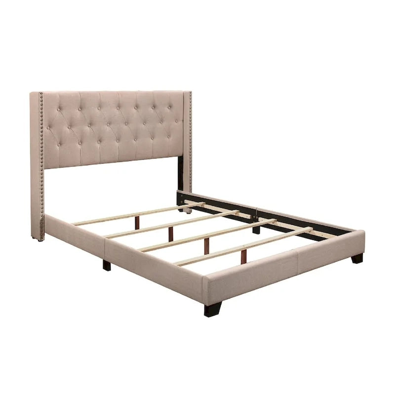 Beige Fabric Upholstered Tufted Bed