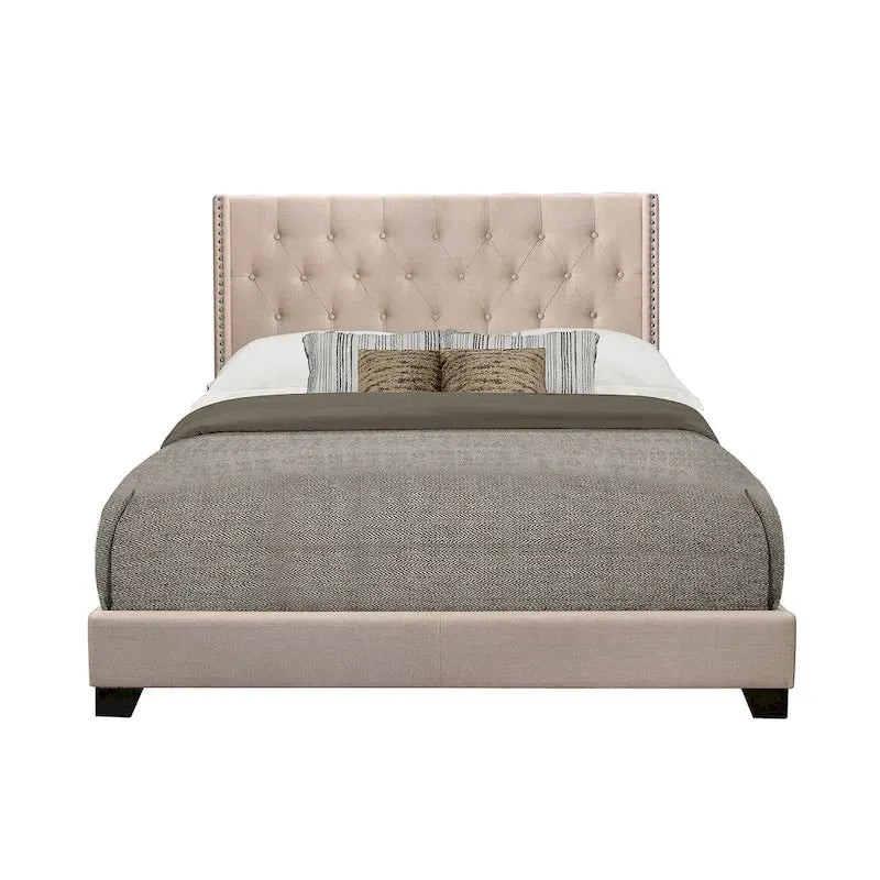 Beige Fabric Upholstered Tufted Bed