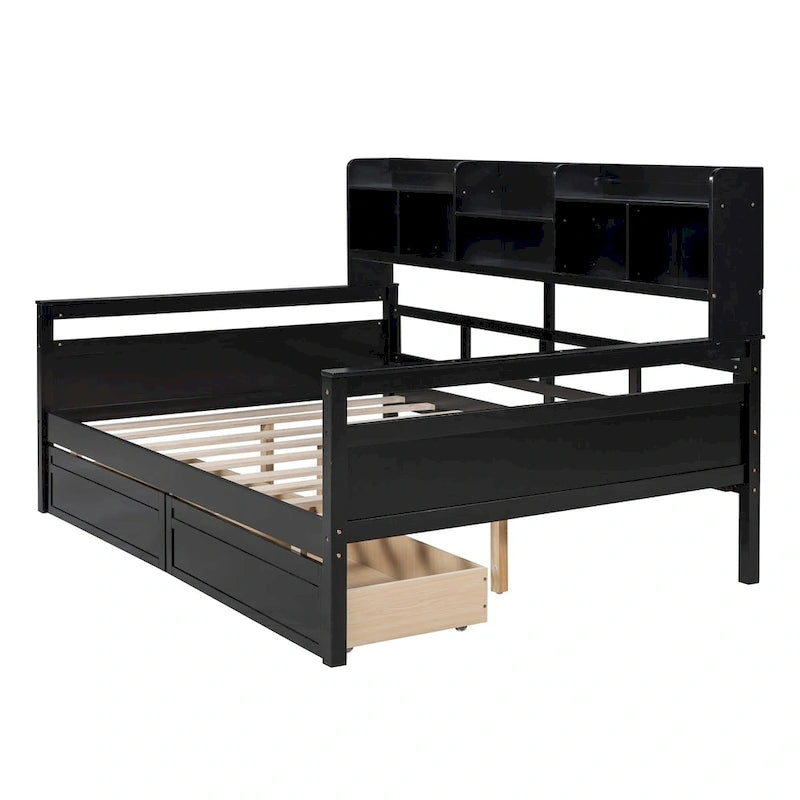 Full size Daybed, Wood Slat Support, with Bedside Shelf and Two Drawers