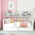 Full size Daybed, Wood Slat Support, with Bedside Shelf and Two Drawers