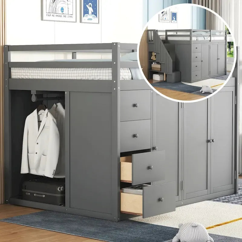 Full Size Wood Loft Bed with Built-In Wardrobes, Cabinets and Drawers