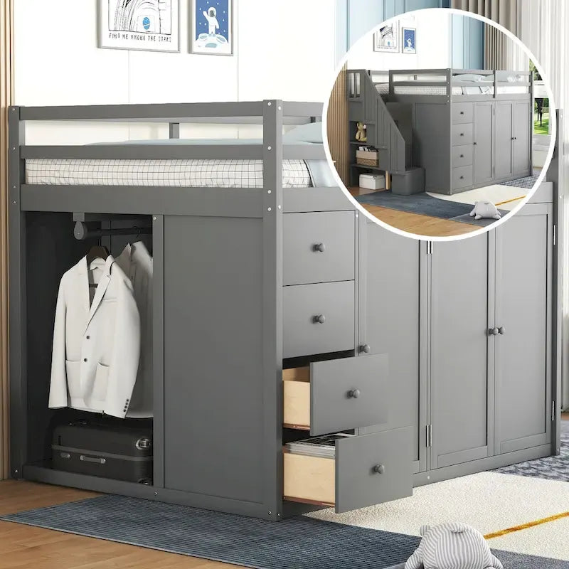 Full Size Wood Loft Bed with Built-In Wardrobes, Cabinets and Drawers