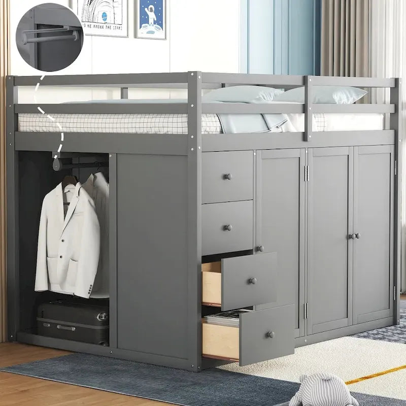 Full Size Wood Loft Bed with Built-In Wardrobes, Cabinets and Drawers