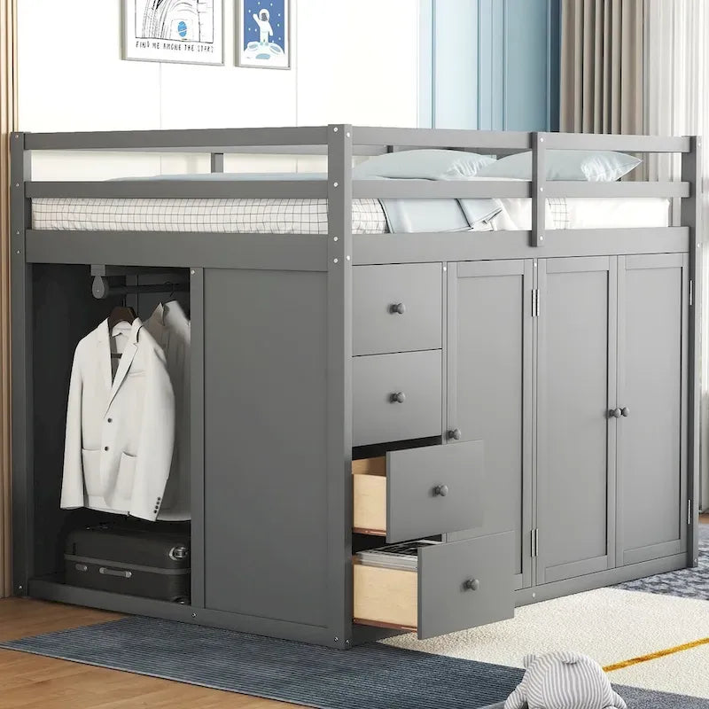 Full Size Wood Loft Bed with Built-In Wardrobes, Cabinets and Drawers