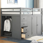 Full Size Wood Loft Bed with Built-In Wardrobes, Cabinets and Drawers