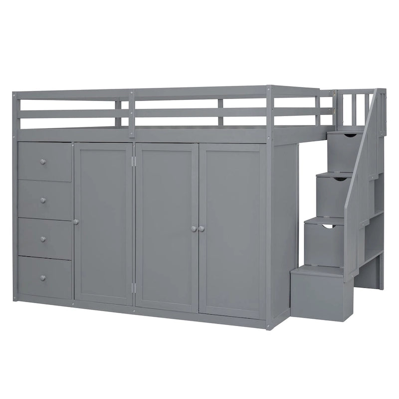 Full Size Wood Loft Bed with Built-In Wardrobes, Cabinets and Drawers