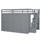 Full Size Wood Loft Bed with Built-In Wardrobes, Cabinets and Drawers