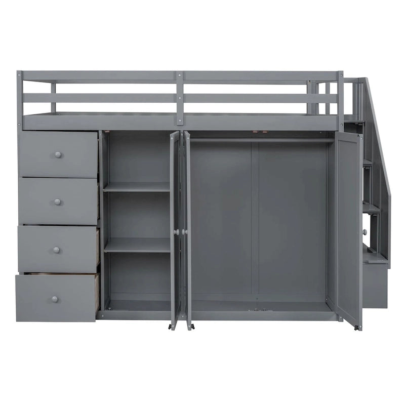 Full Size Wood Loft Bed with Built-In Wardrobes, Cabinets and Drawers