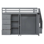 Full Size Wood Loft Bed with Built-In Wardrobes, Cabinets and Drawers