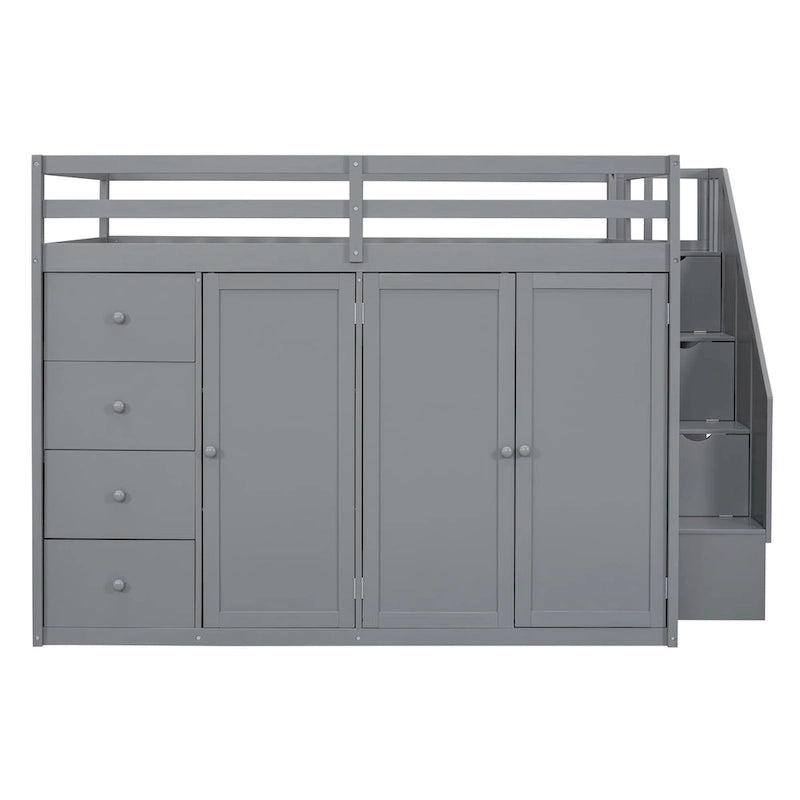 Full Size Wood Loft Bed with Built-In Wardrobes, Cabinets and Drawers
