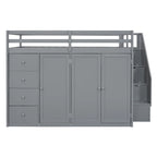 Full Size Wood Loft Bed with Built-In Wardrobes, Cabinets and Drawers