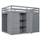 Full Size Wood Loft Bed with Built-In Wardrobes, Cabinets and Drawers