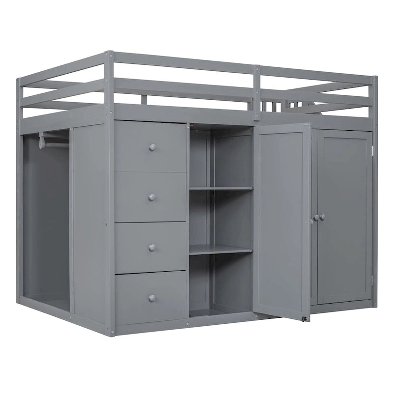 Full Size Wood Loft Bed with Built-In Wardrobes, Cabinets and Drawers