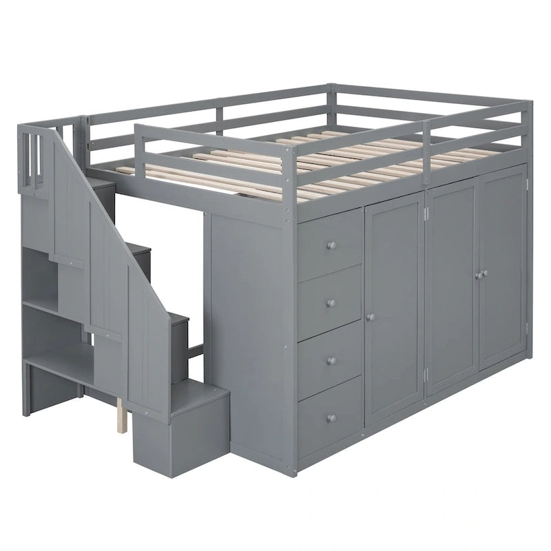 Full Size Wood Loft Bed with Built-In Wardrobes, Cabinets and Drawers
