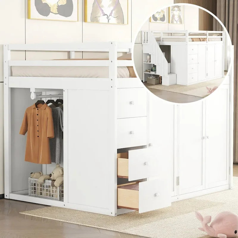 Full Size Wood Loft Bed with Built-In Wardrobes, Cabinets and Drawers