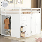 Full Size Wood Loft Bed with Built-In Wardrobes, Cabinets and Drawers