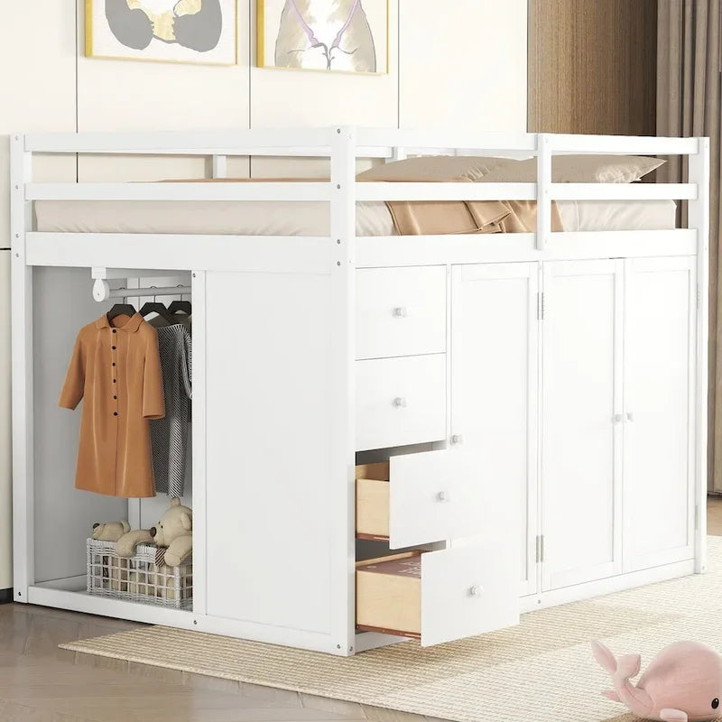 Full Size Wood Loft Bed with Built-In Wardrobes, Cabinets and Drawers
