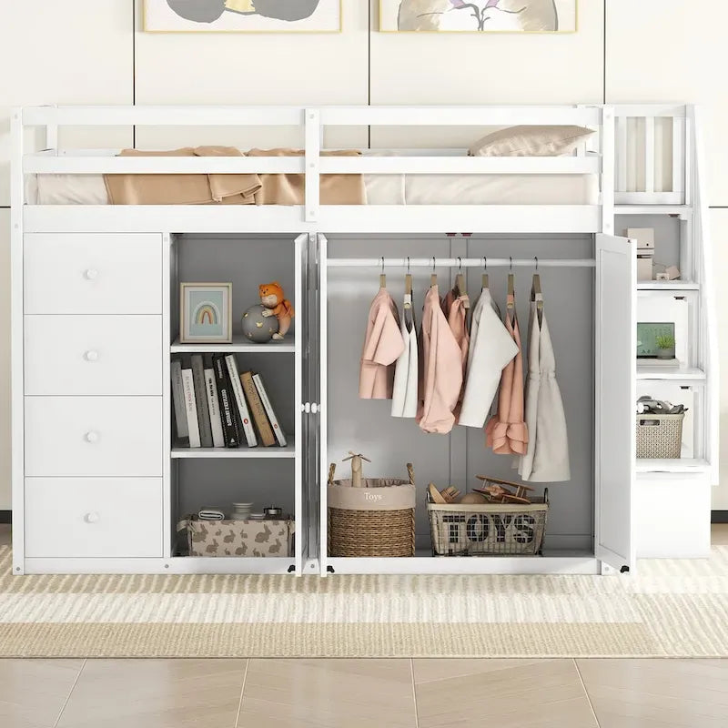 Full Size Wood Loft Bed with Built-In Wardrobes, Cabinets and Drawers