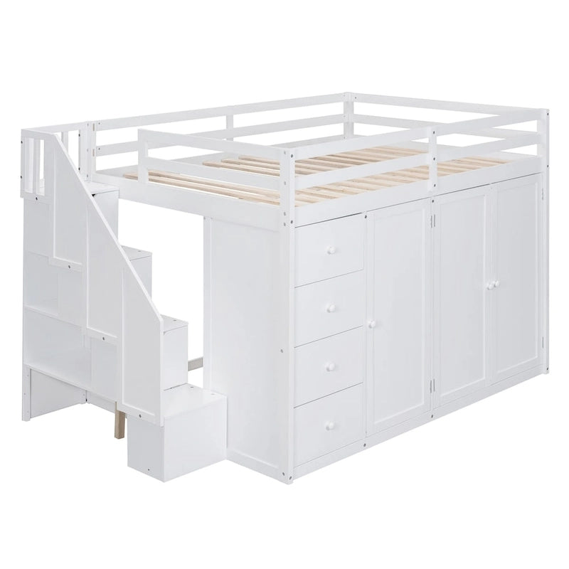 Full Size Wood Loft Bed with Built-In Wardrobes, Cabinets and Drawers
