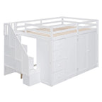 Full Size Wood Loft Bed with Built-In Wardrobes, Cabinets and Drawers