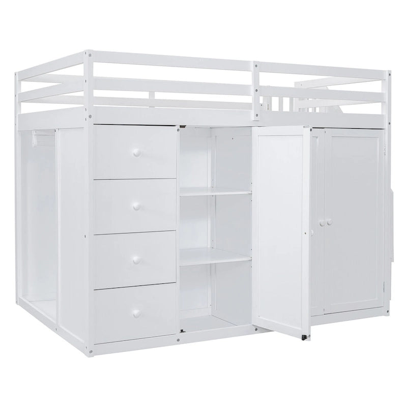 Full Size Wood Loft Bed with Built-In Wardrobes, Cabinets and Drawers