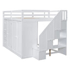 Full Size Wood Loft Bed with Built-In Wardrobes, Cabinets and Drawers